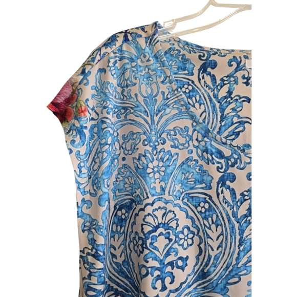 Johnny Was Blue and White Mini Dress Damask Print With Tropical Flowers Small - Picture 3 of 6